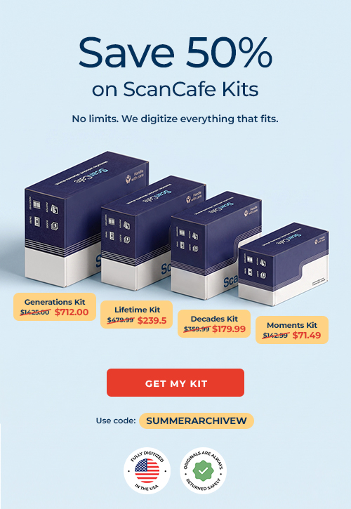 ScanCafe promo banner showing latest discounts on photo and video digitization