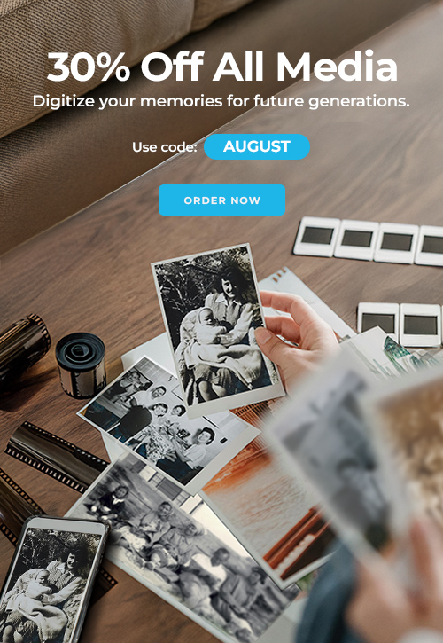ScanCafe promo banner showing latest discounts on photo and video digitization