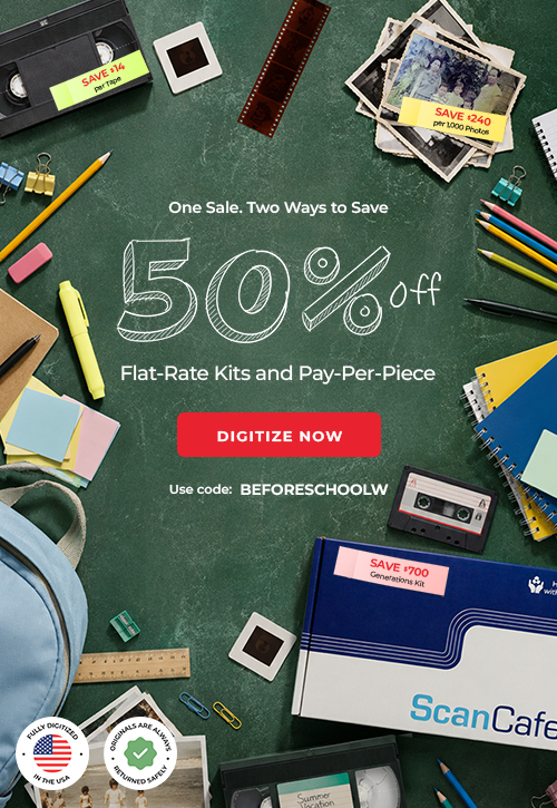 ScanCafe promo banner showing latest discounts on photo and video digitization