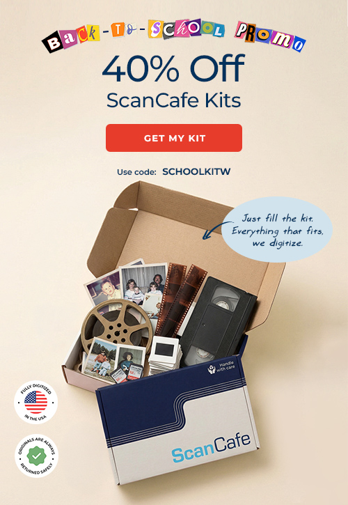 ScanCafe promo banner showing latest discounts on photo and video digitization