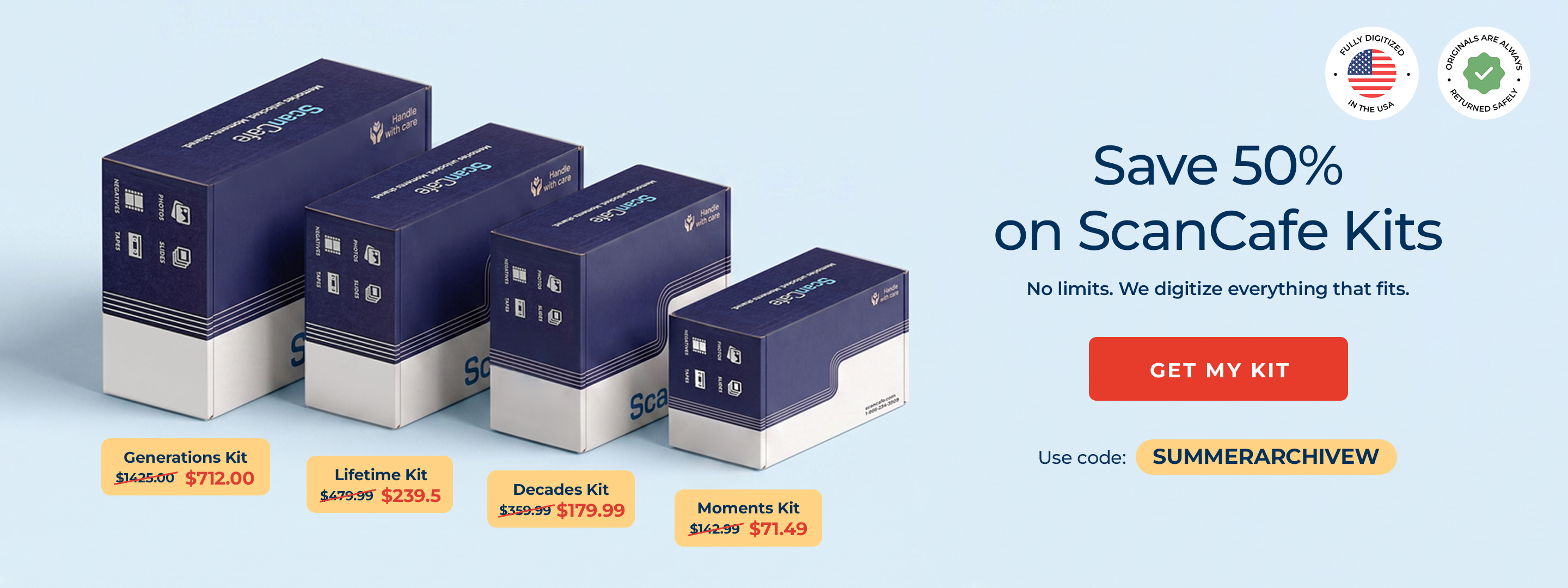ScanCafe promo banner showing latest discounts on photo and video digitization