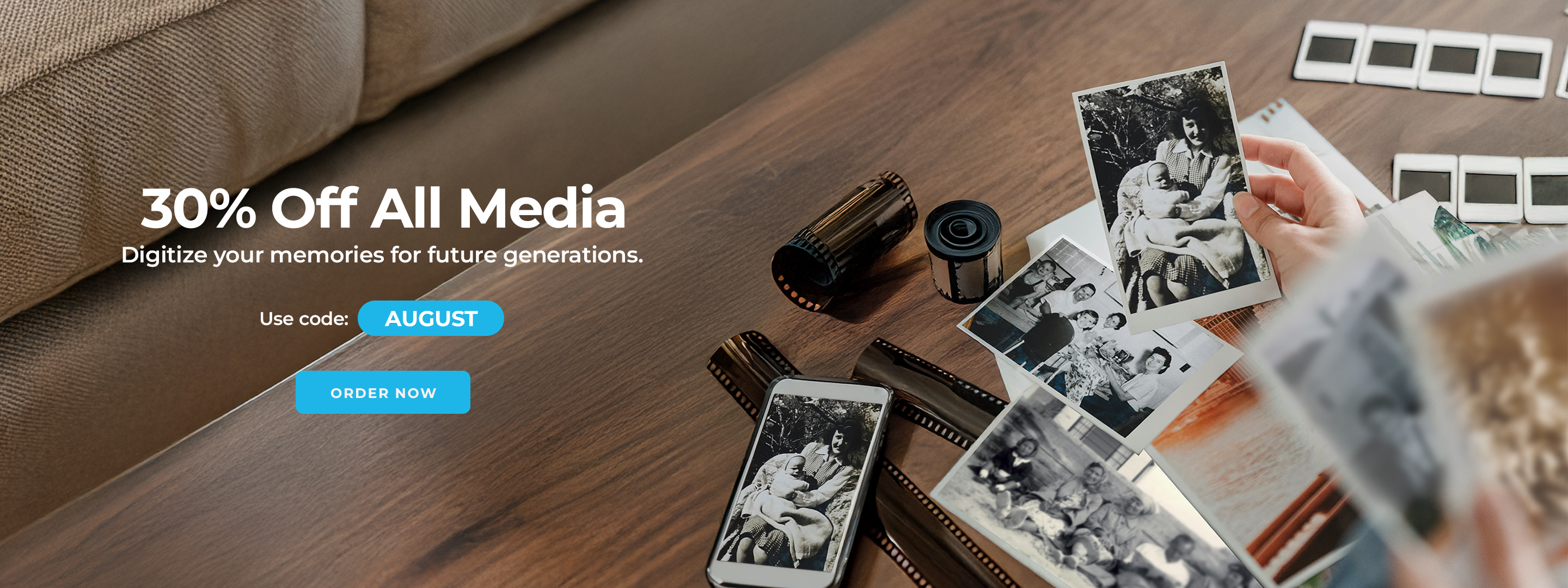 ScanCafe promo banner showing latest discounts on photo and video digitization