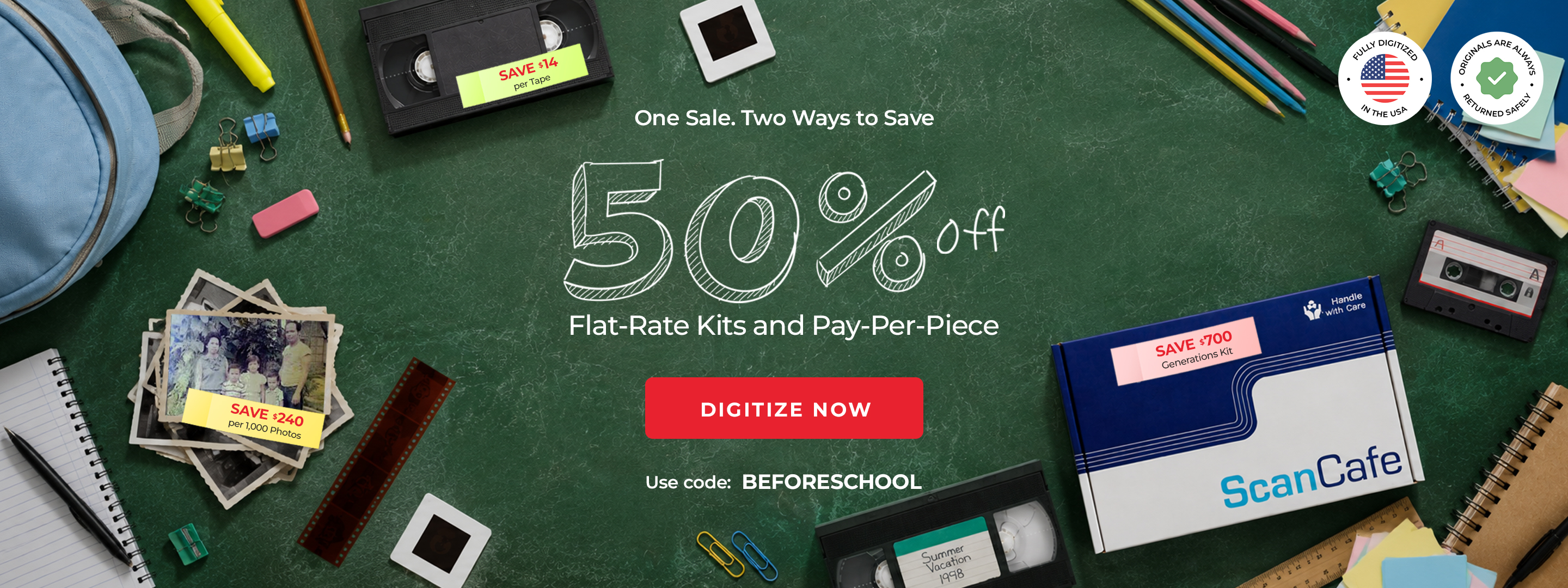 ScanCafe promo banner showing latest discounts on photo and video digitization