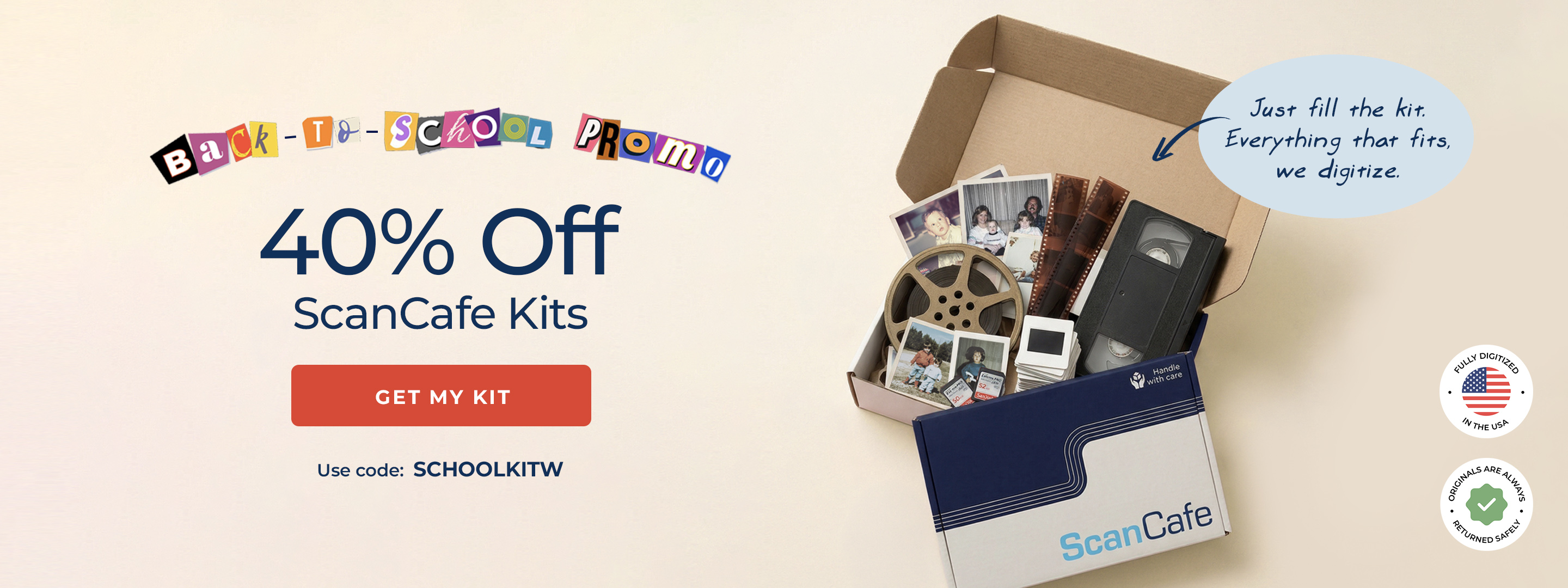 ScanCafe promo banner showing latest discounts on photo and video digitization