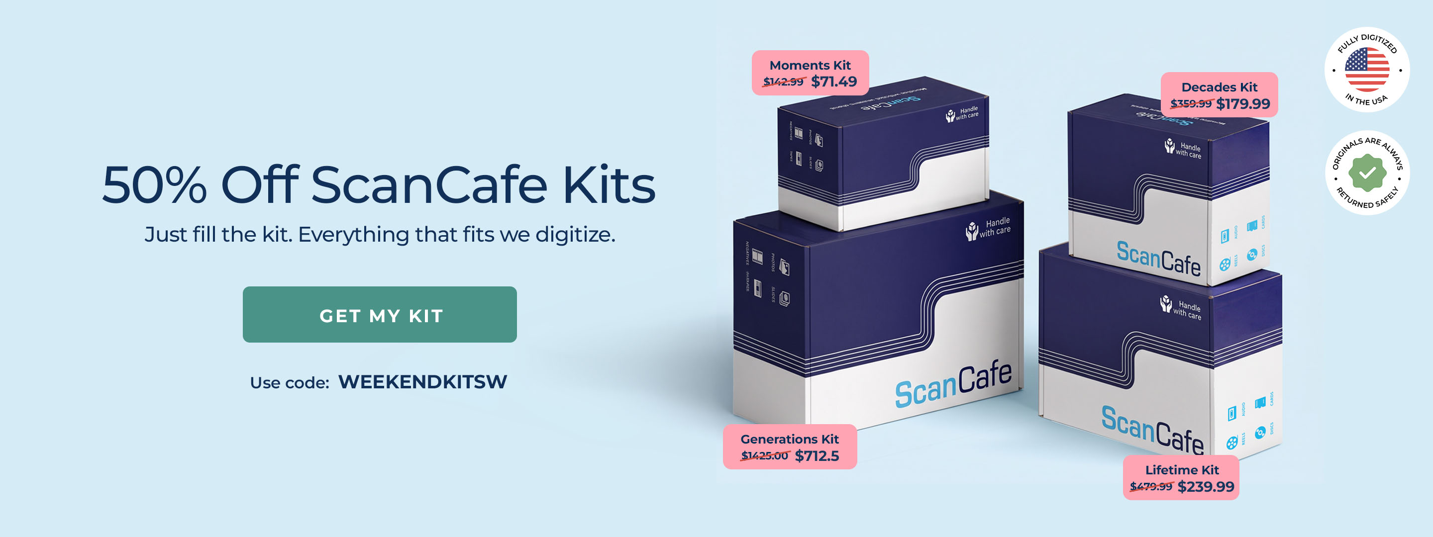 ScanCafe promo banner showing the latest discounts on photo and video digitization