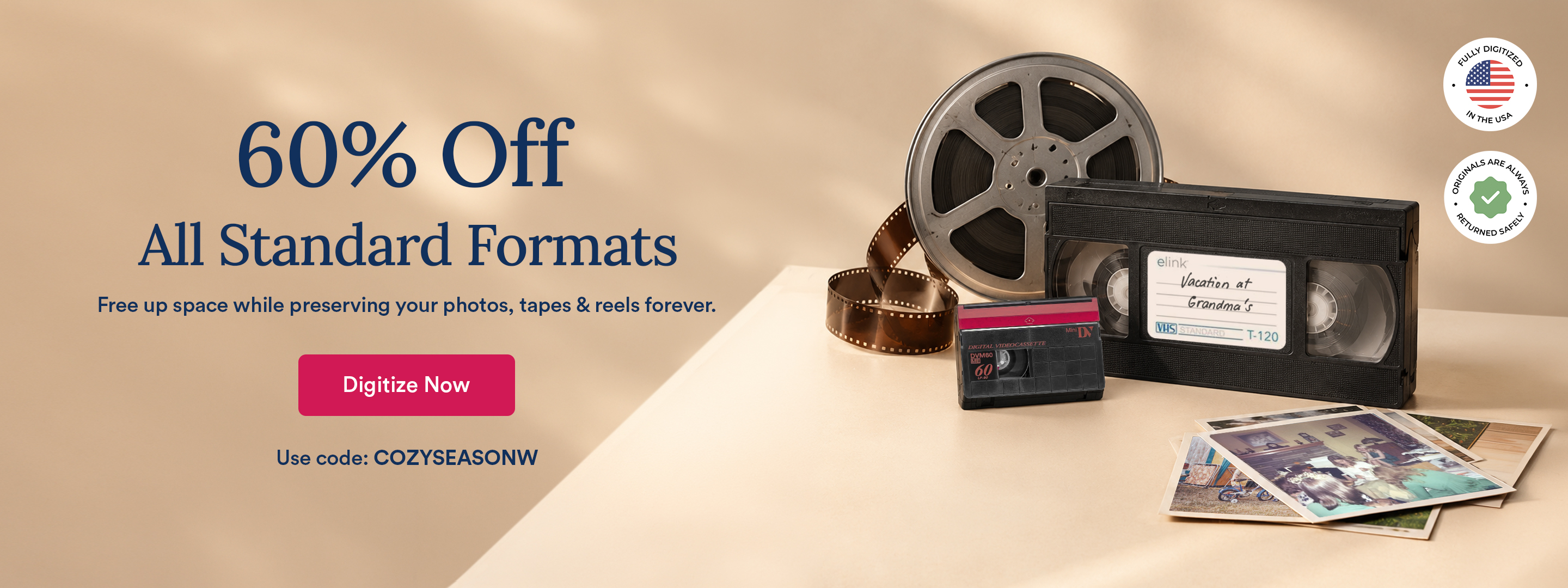 ScanCafe promo banner showing the latest discounts on photo and video digitization
