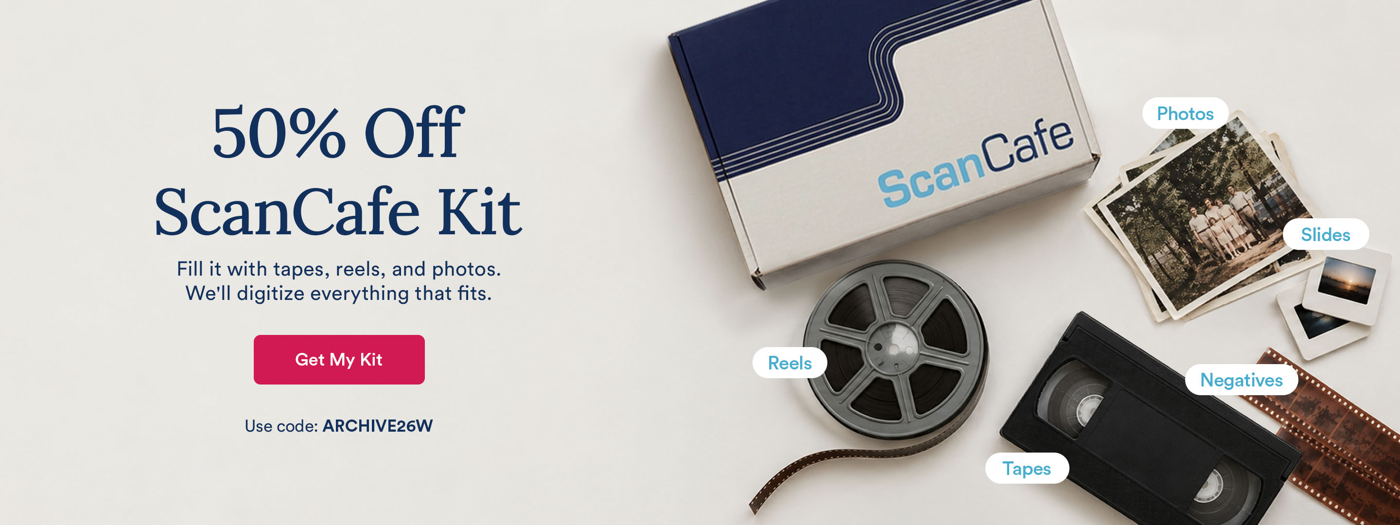ScanCafe promo banner showing the latest discounts on photo and video digitization