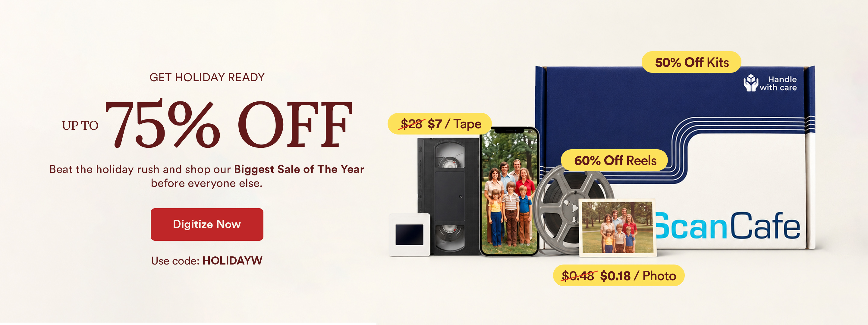 ScanCafe promo banner showing the latest discounts on photo and video digitization