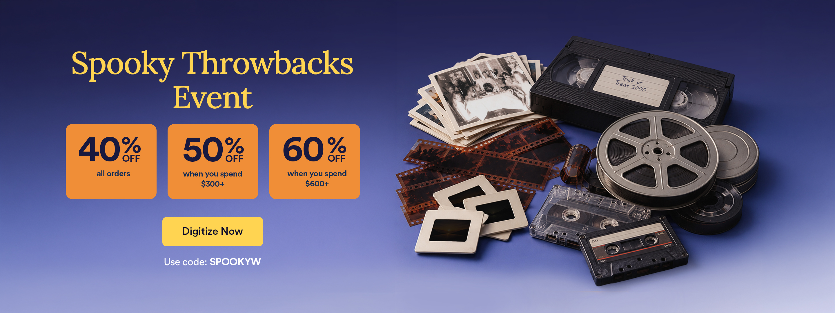 ScanCafe promo banner showing the latest discounts on photo and video digitization